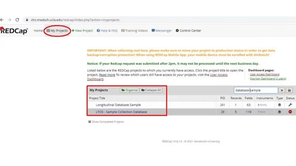 Example of accessible projects listed in REDCap