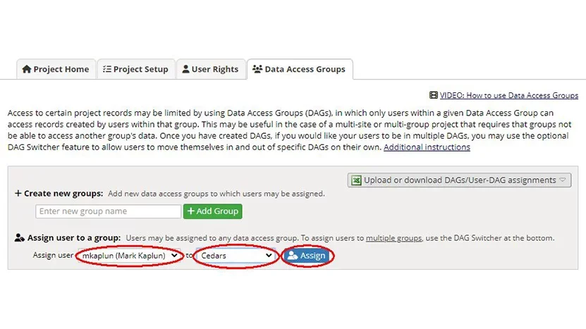 Assigning DAG on the REDCap on the training site