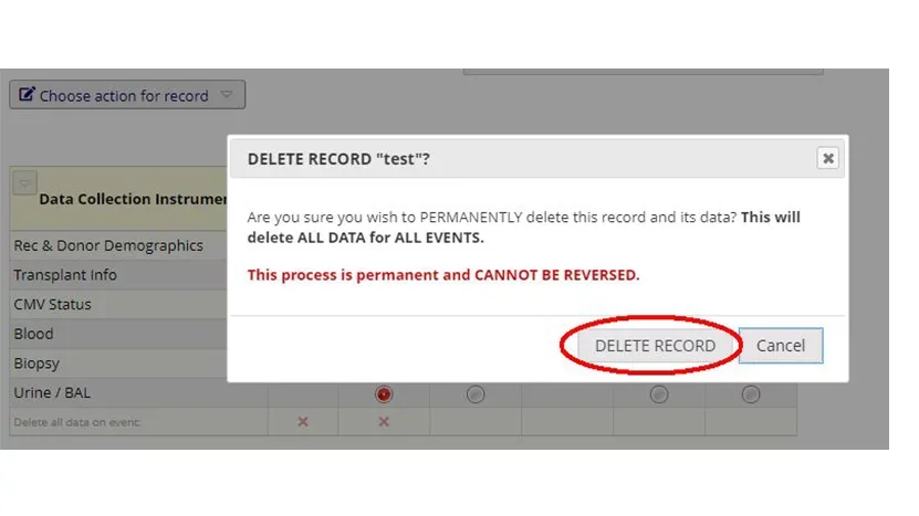 Delete record on REDCap training site