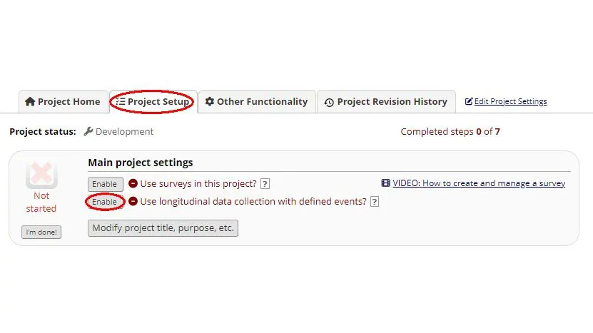 ‘Project Setup’ tab on the RedCap training site