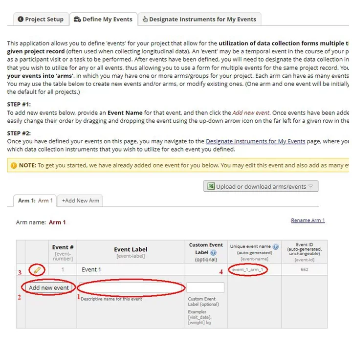Add New Event on the RedCap training site