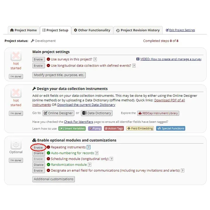 Enabling repeating instruments on RedCap training site