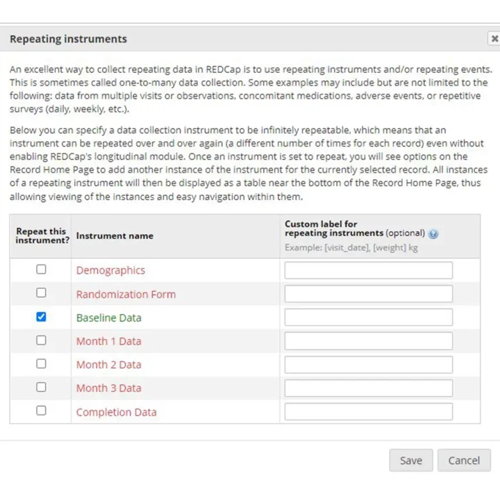 Saving repeating instructions on RedCap training site