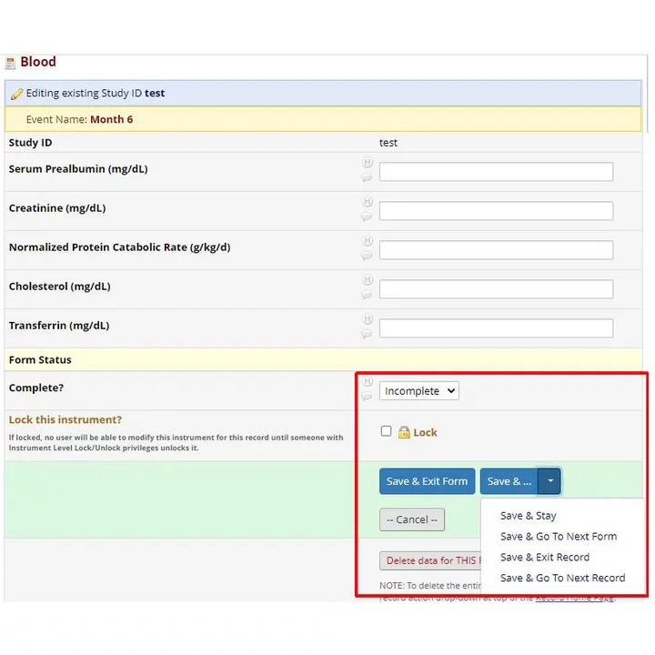 RedCap instructions for save instrument
