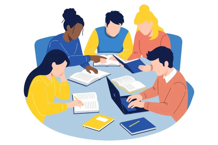 Graphic of researchers working together around a table