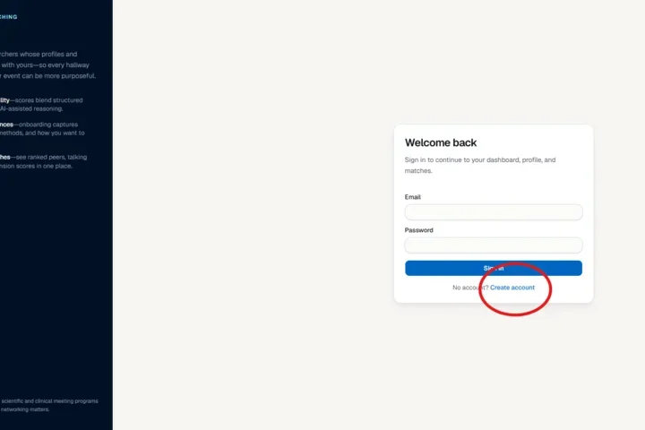 Scientific Matchmaking login page, red circle around create account