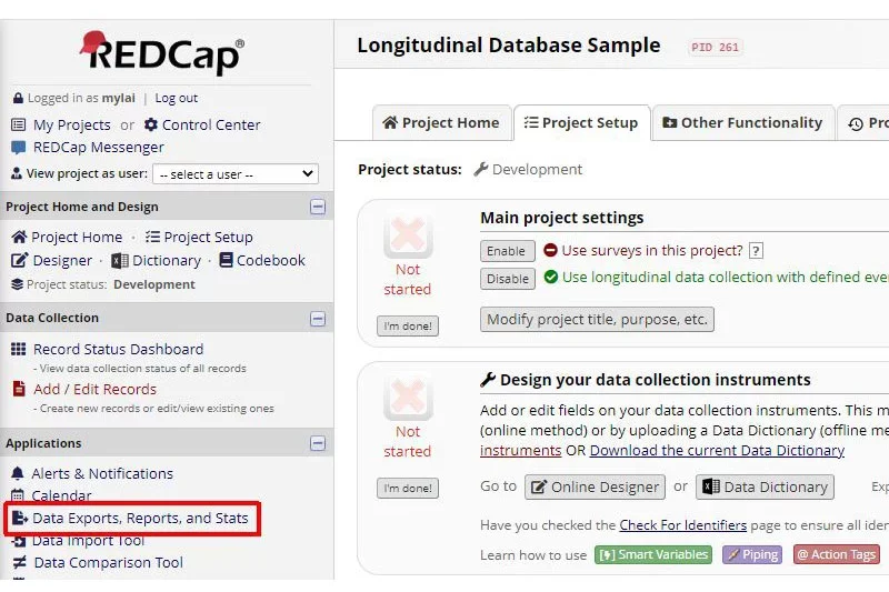 Data export instructions in RedCap