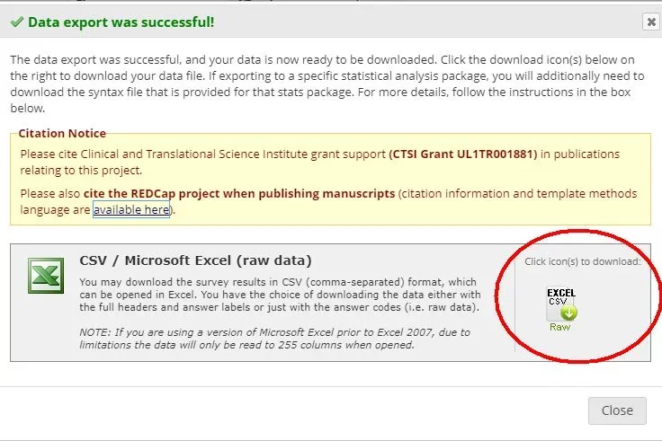 Example of data export success window