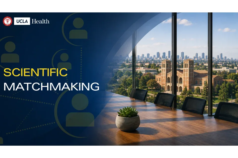 UCLA conference room overlooking royce hall, UCLA Health Logo and KUHR-TN logo shared, header: Scientific Matchmaking