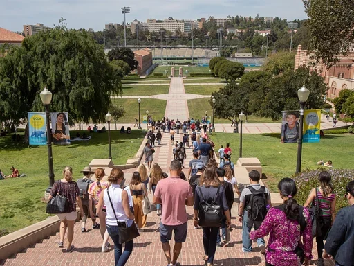 crowd of people walking down Janss Steps