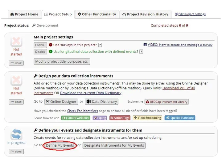 Define my Events section on redcap training site