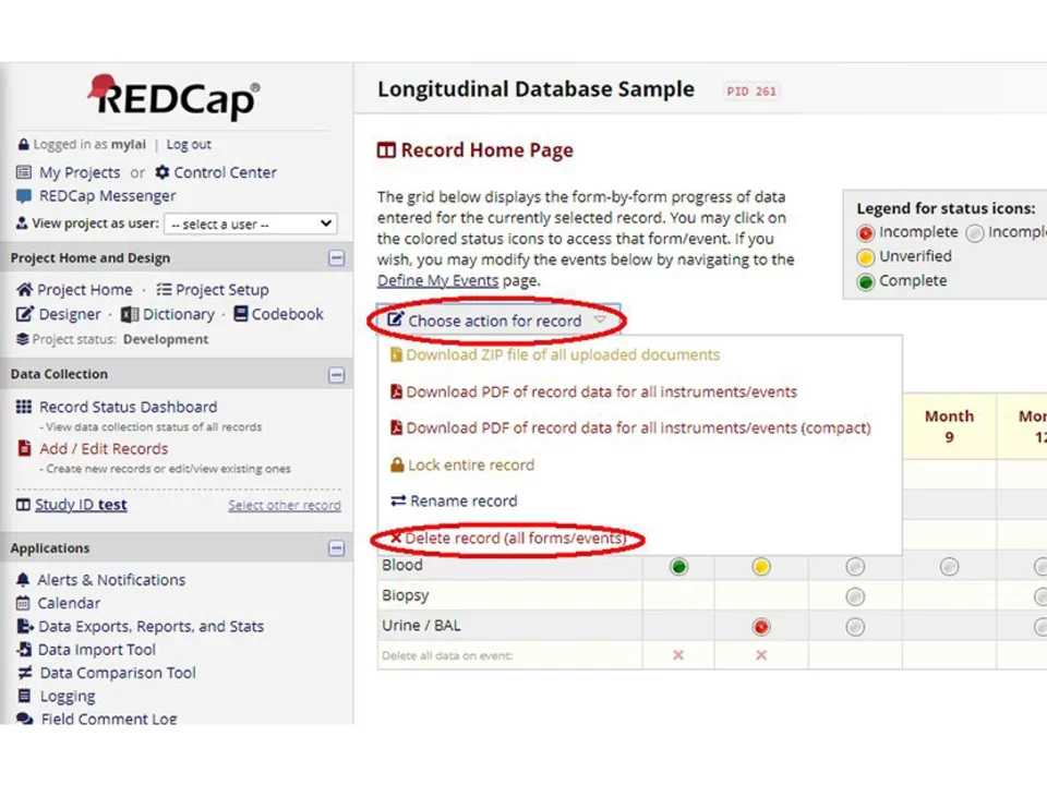 Choose action for record on REDCap training site