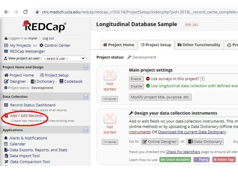 ‘Add/Edit Records’ for instrument data on REDCap site