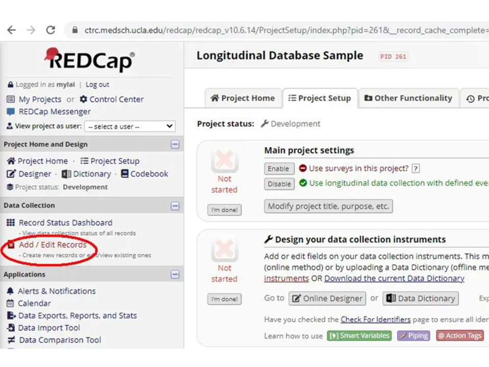 ‘Add/Edit Records’ menu on REDCap training site