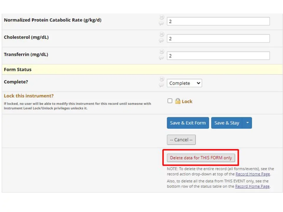 Delete instrument data on REDCap site