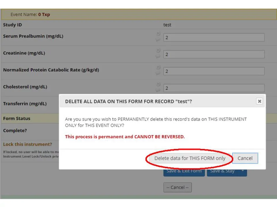Delete instrument confirmation on REDCap site