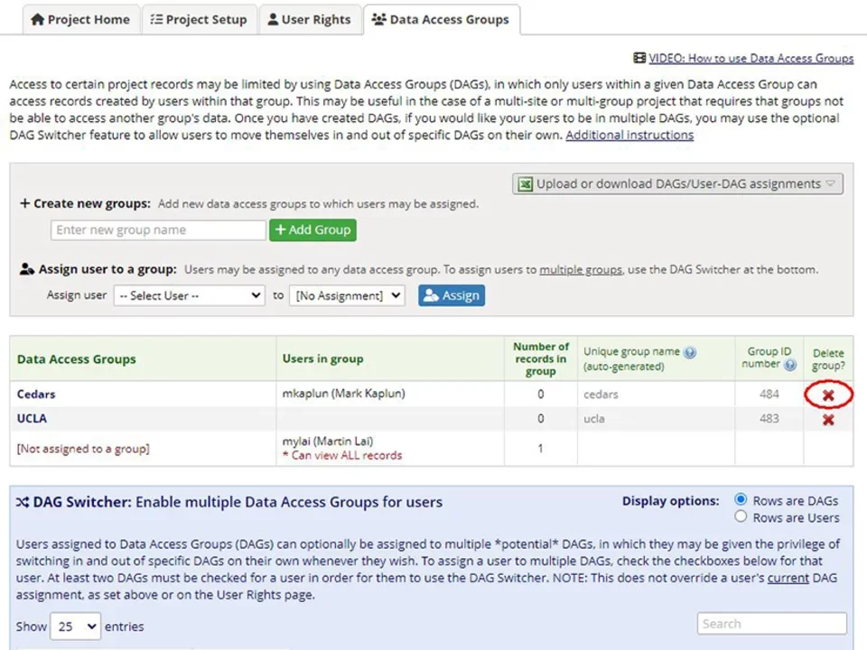Deleting DAG on REDCap training site