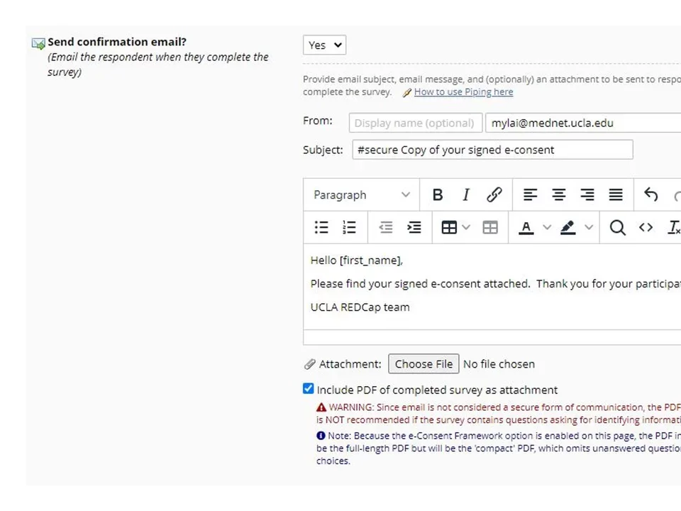 Sample of confirmation email screen in REDCap