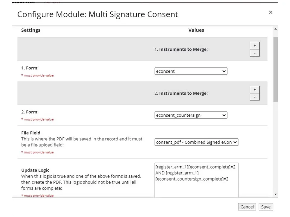 Sample of how to configure the external module by selecting at least 2 instruments to merge and the condition for the merge 