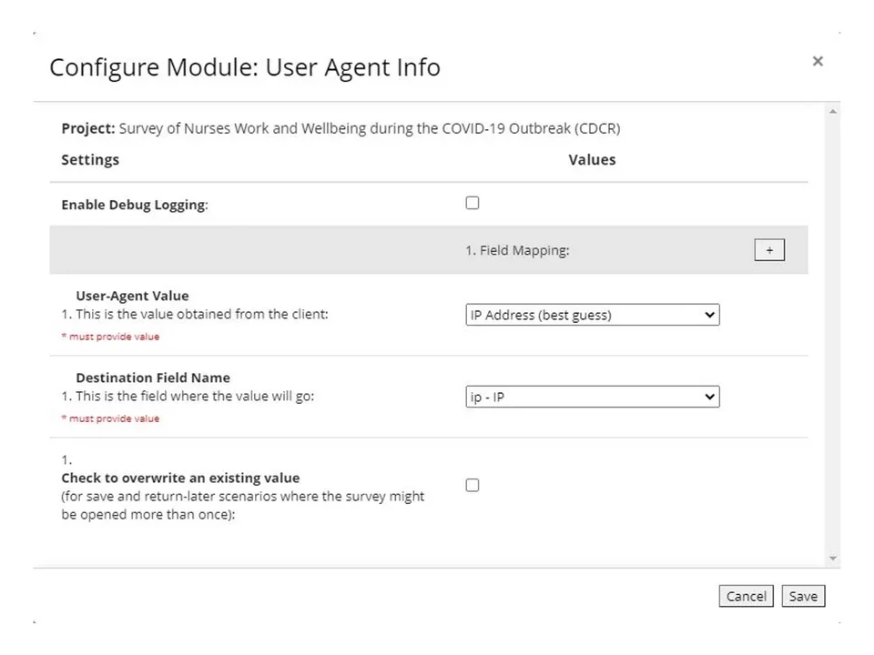 Sample of User Agent Info set up in REDCap