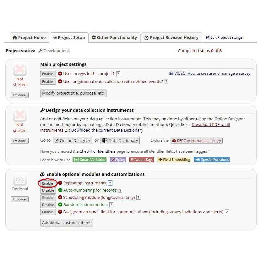 Enabling repeating instruments on RedCap training site