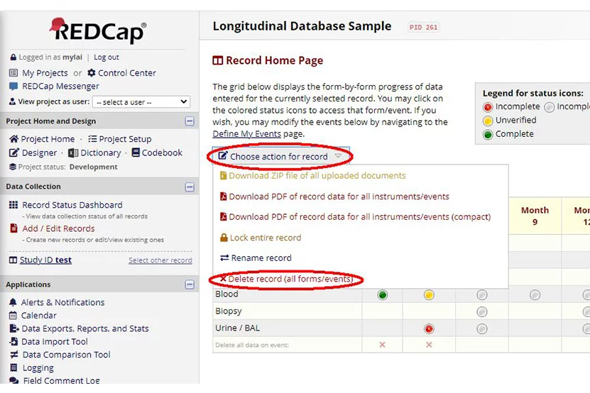 Choose action for record on REDCap training site