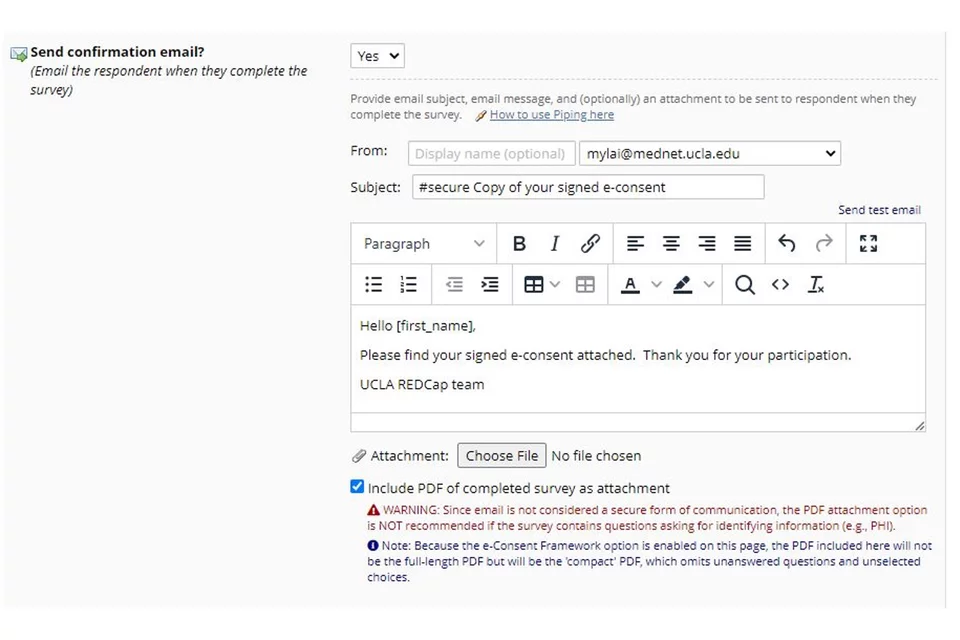Sample of confirmation email screen in REDCap