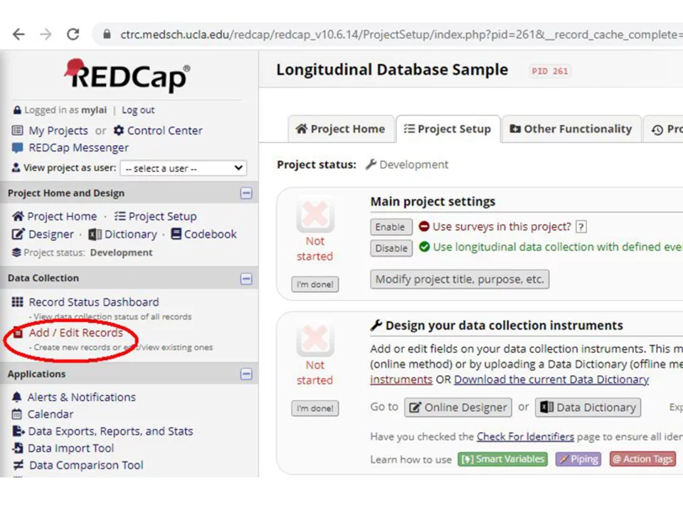 ‘Add/Edit Records’ for instrument data on REDCap site