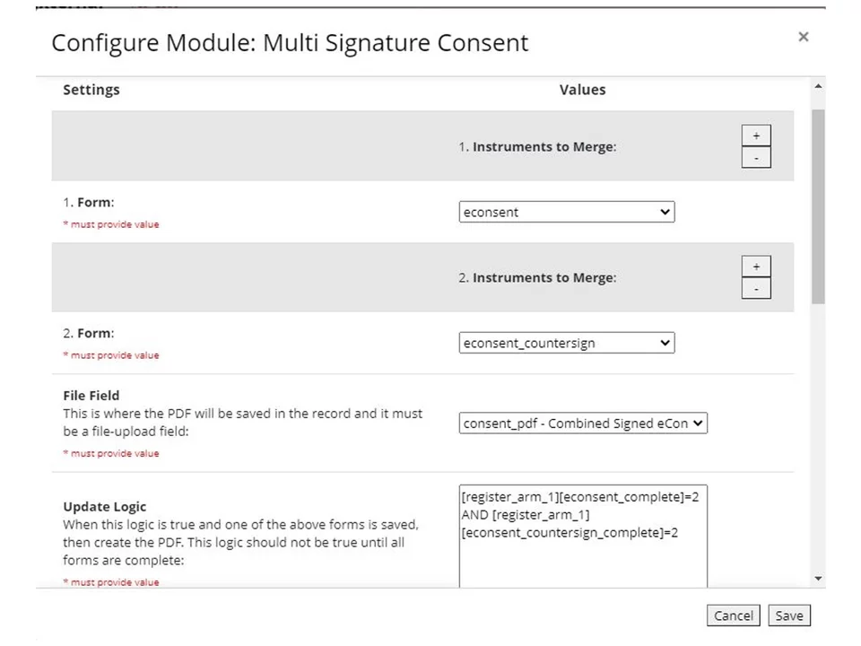 Sample of how to configure the external module by selecting at least 2 instruments to merge and the condition for the merge